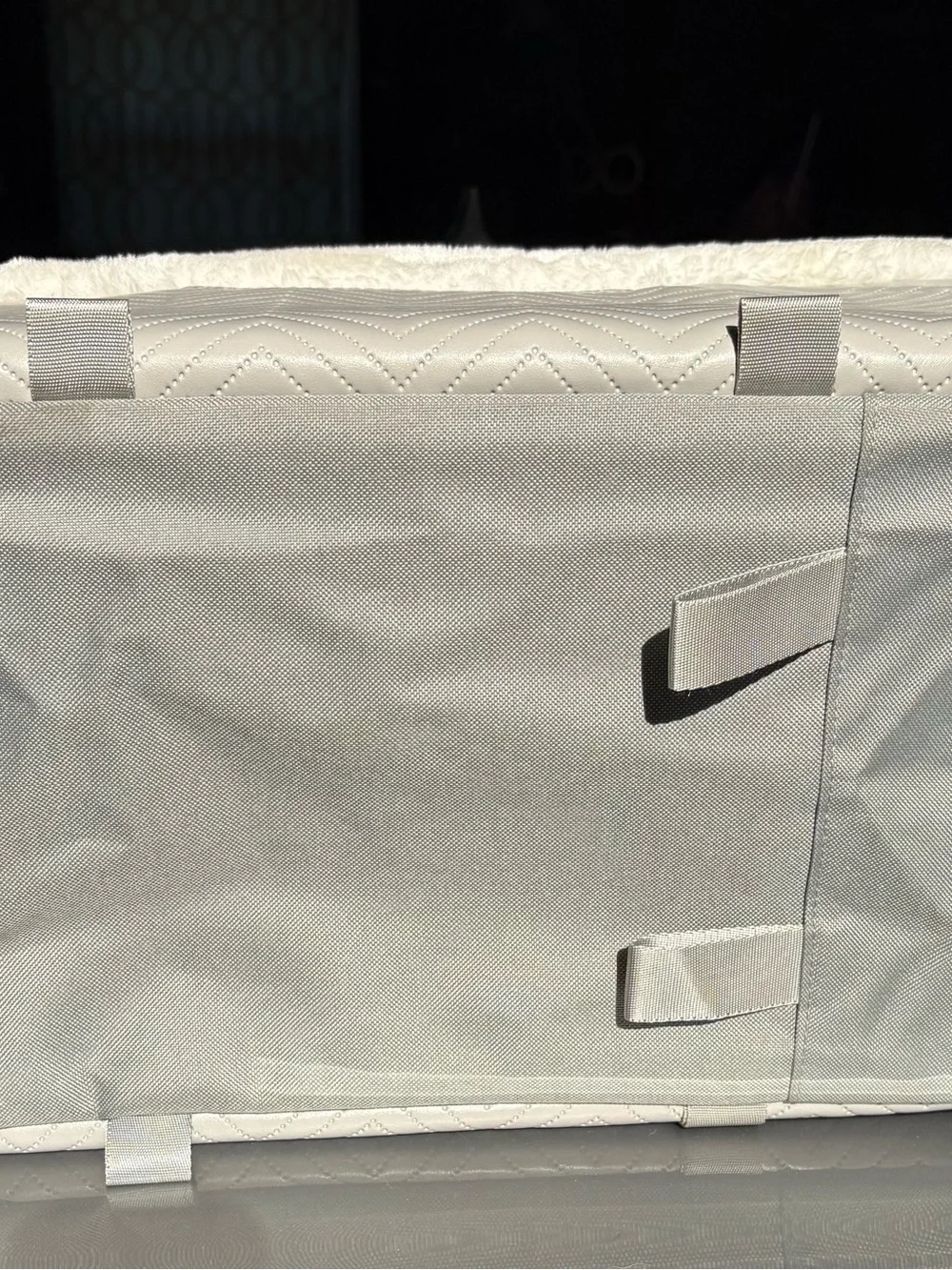 White & Gray Quilted Sherpa Small Pet Carrier Tote For Middle Console